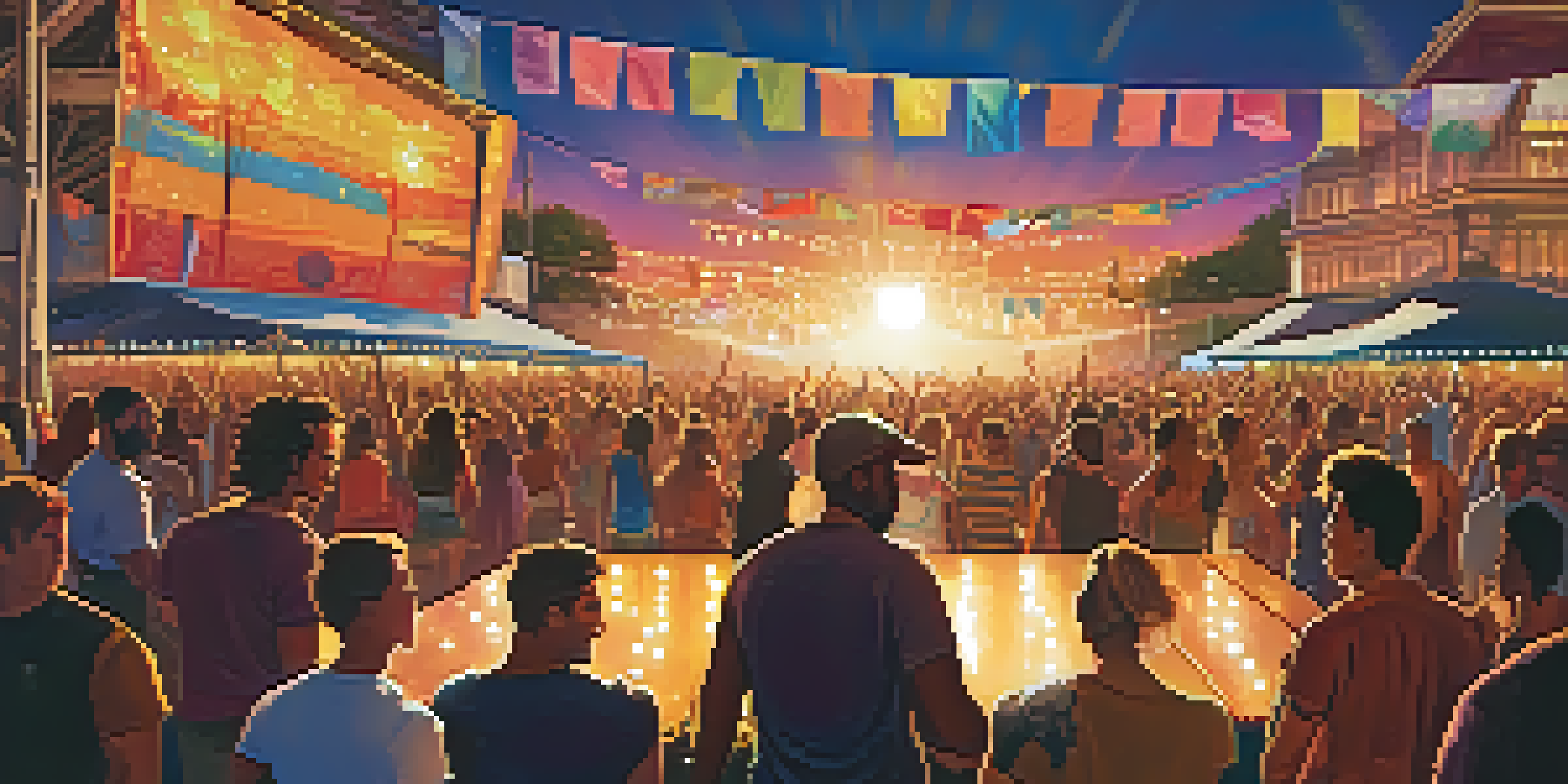A lively outdoor music festival with a diverse crowd dancing and enjoying live music under a colorful sunset.