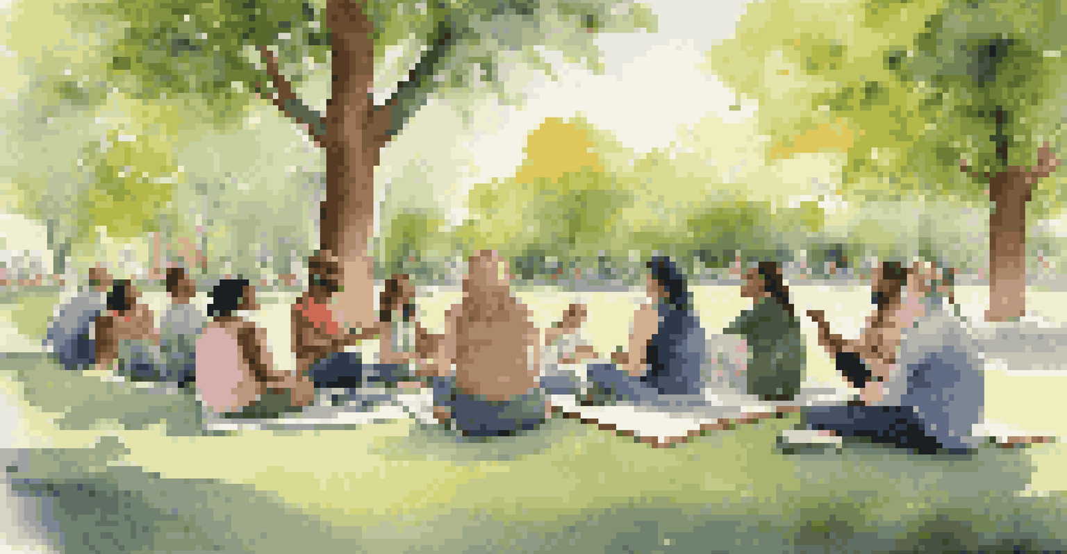 A diverse group of people sitting in a circle in a park, playing musical instruments together, surrounded by greenery and sunlight.