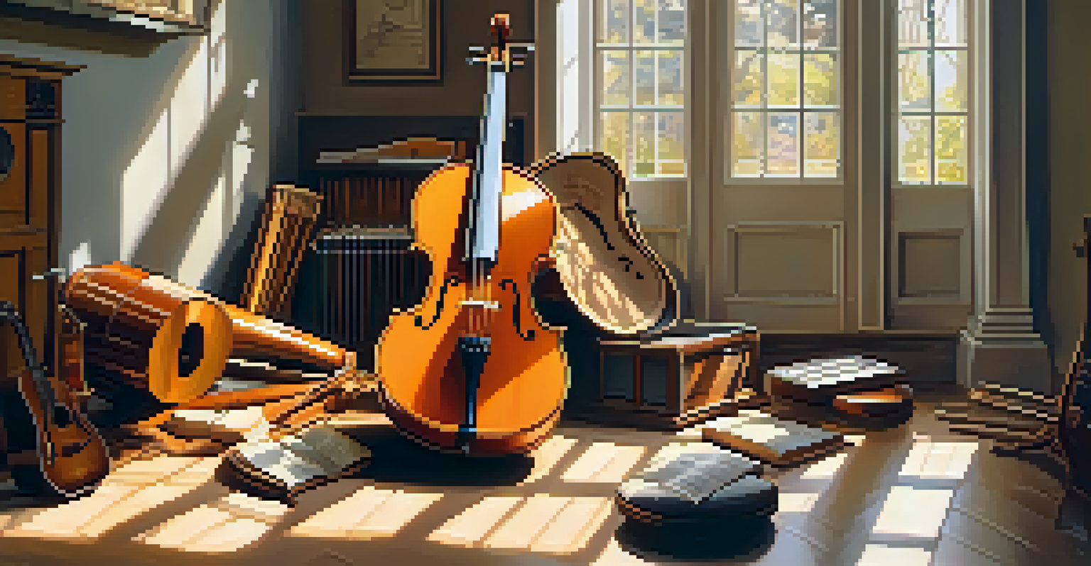 A musician sits in a cozy room filled with musical instruments, eyes closed in contemplation, with soft light streaming through a window.