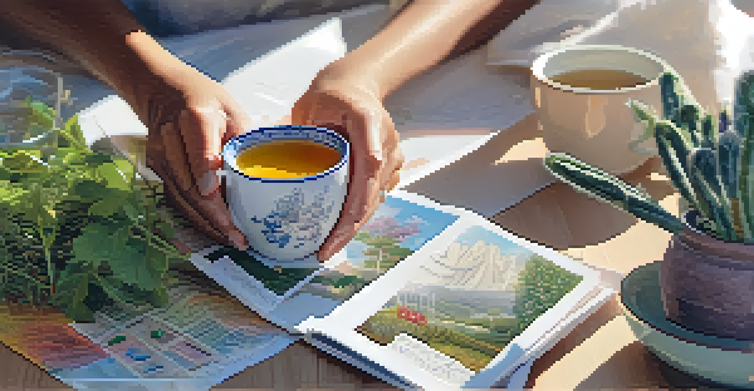 A close-up of hands holding a cup of tea, with a vision board in the background filled with images of success.