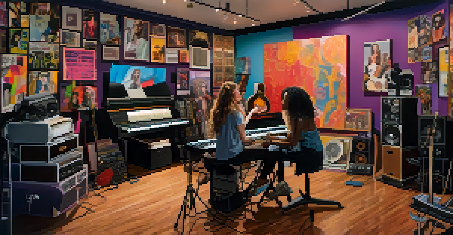 A diverse group of female artists collaborating in a modern recording studio, surrounded by colorful instruments and iconic musician posters, embodying creativity and inclusion.