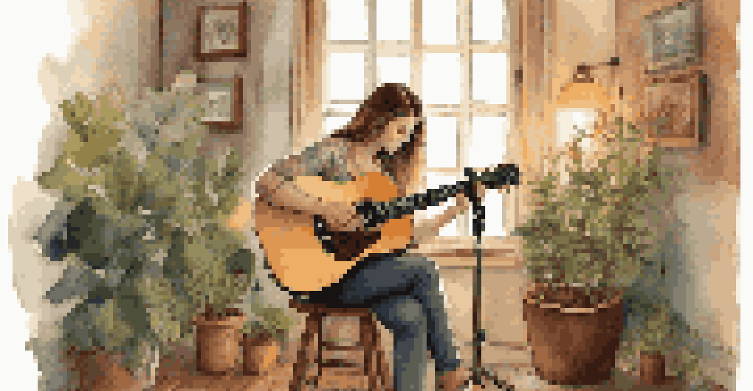 A female singer-songwriter sitting on a stool in a cozy room, strumming a guitar and writing lyrics in a notebook.