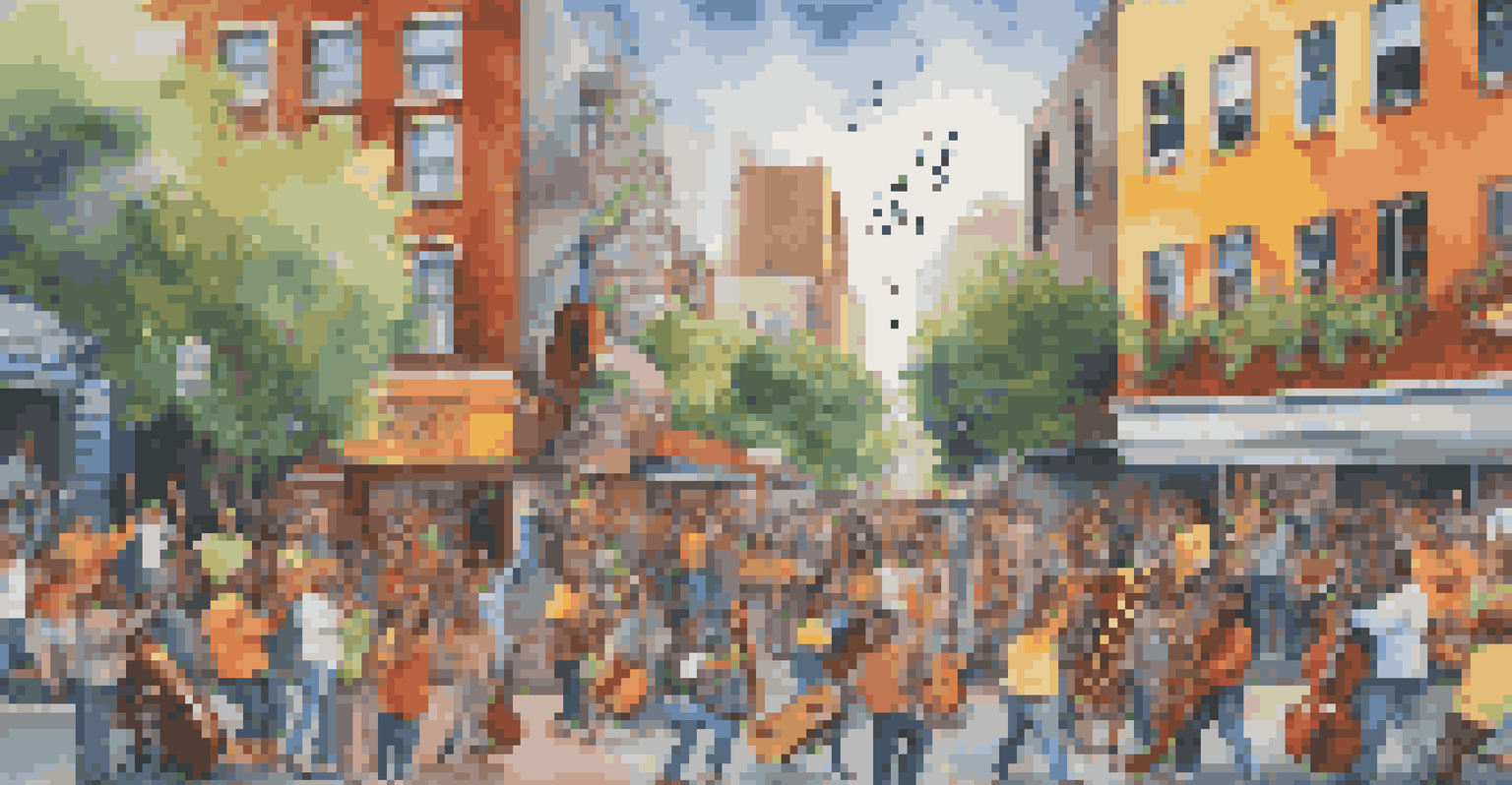 A colorful street mural of musical notes and instruments, with people from different backgrounds painting together in a lively urban setting.
