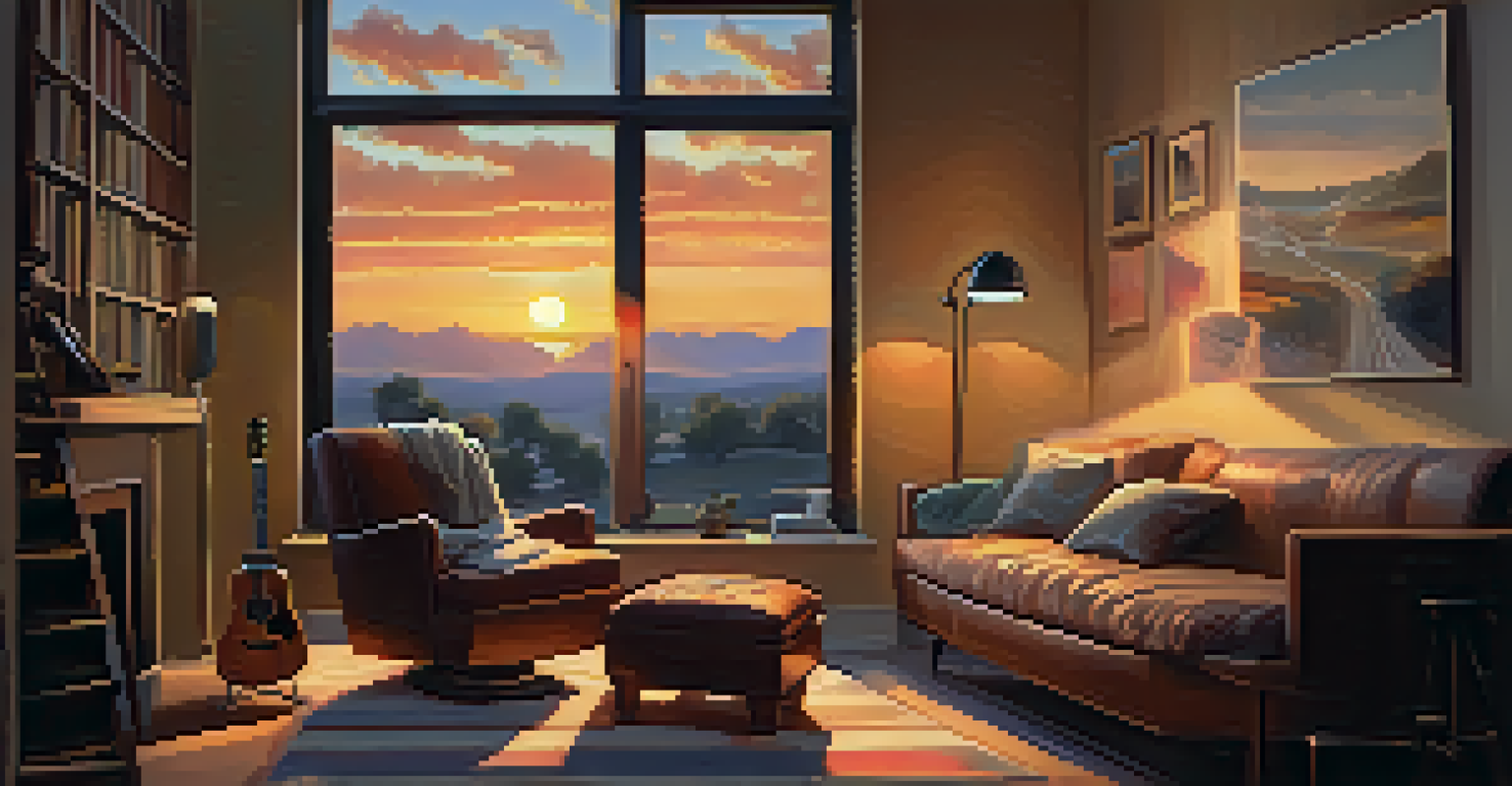 A person playing guitar on a couch in a cozy room, with musical notes floating in the air and a sunset visible through the window.