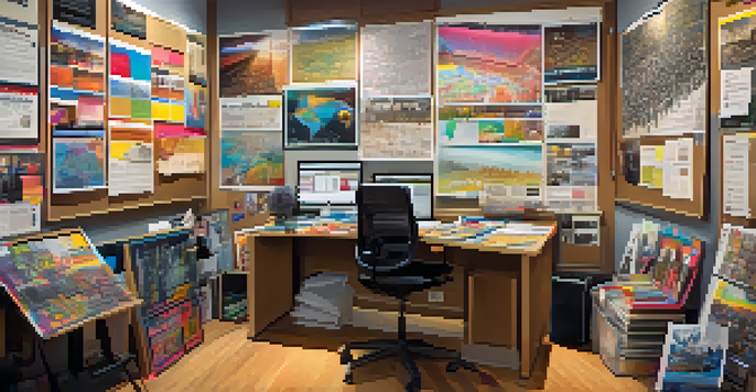 An office space dedicated to tour management, featuring posters, schedules, and a laptop with social media content.