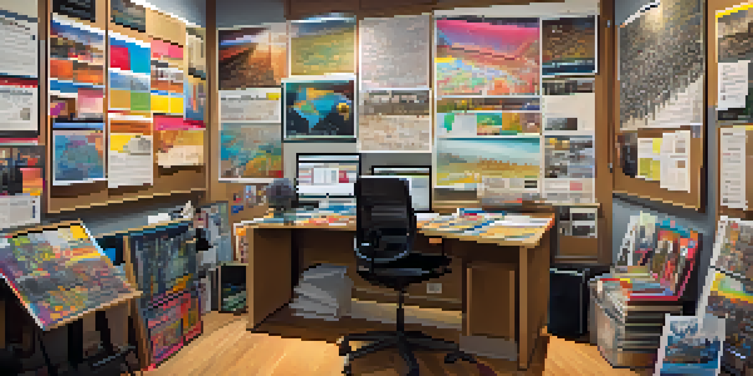 An office space dedicated to tour management, featuring posters, schedules, and a laptop with social media content.