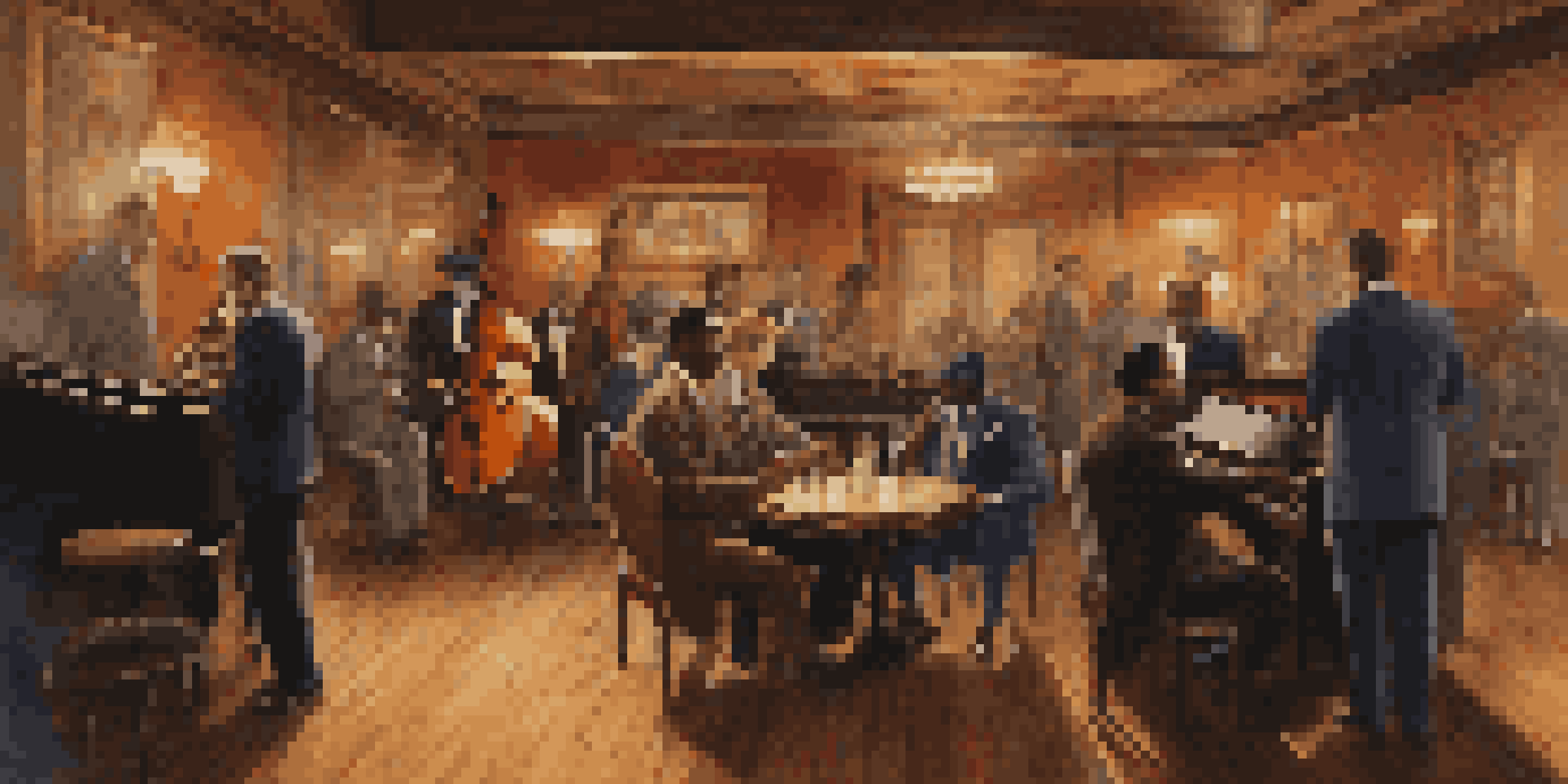 A bustling jazz club with musicians playing and patrons dancing, set in the early 20th century.