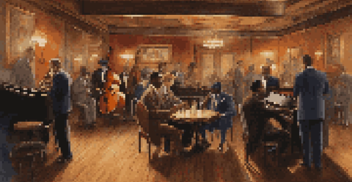 A bustling jazz club with musicians playing and patrons dancing, set in the early 20th century.