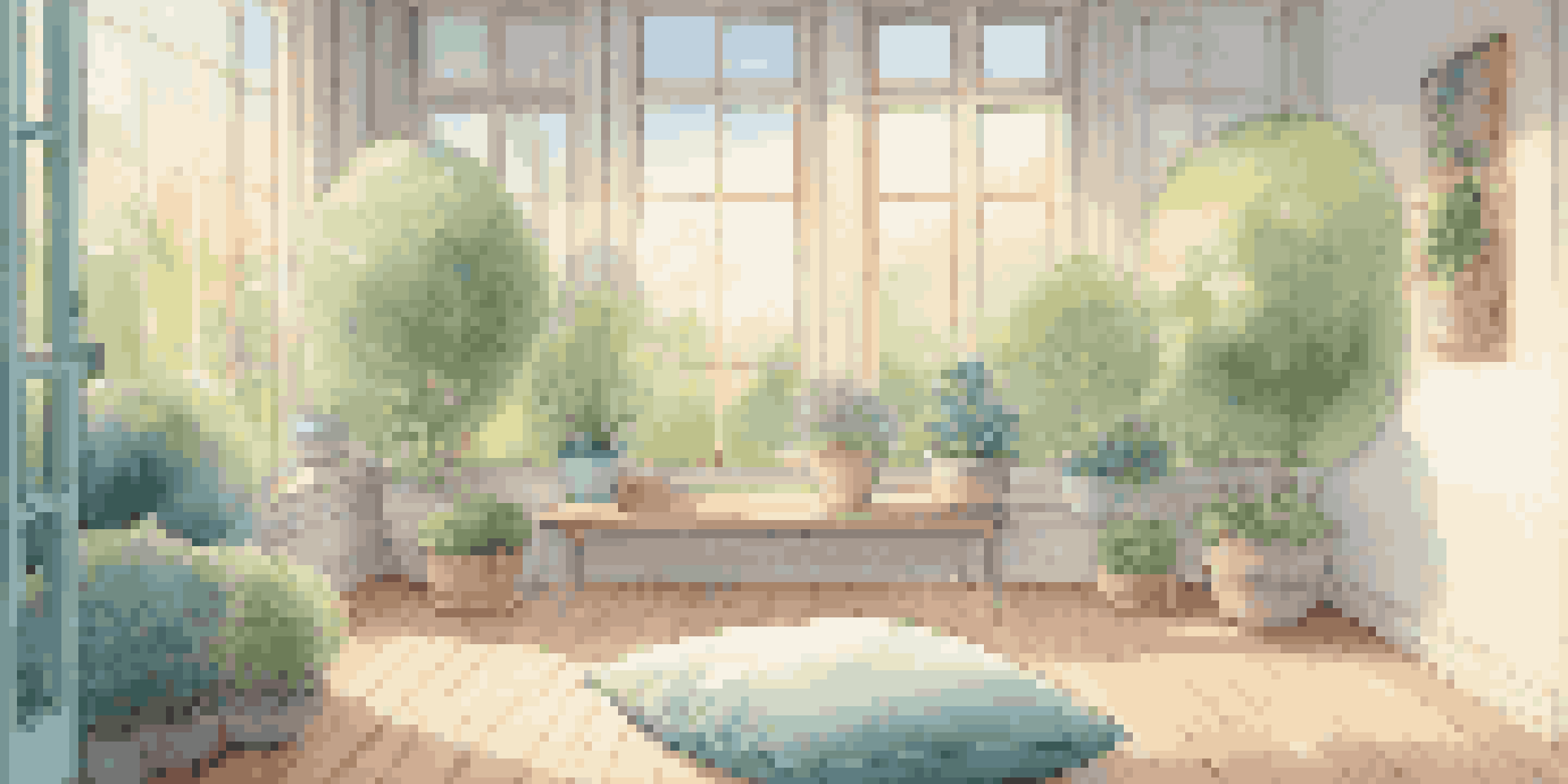 A peaceful meditation room with a cushion and a view of a tranquil garden outside a window.
