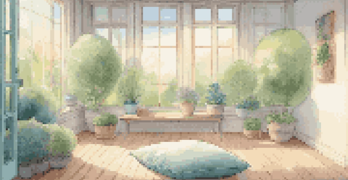 A peaceful meditation room with a cushion and a view of a tranquil garden outside a window.