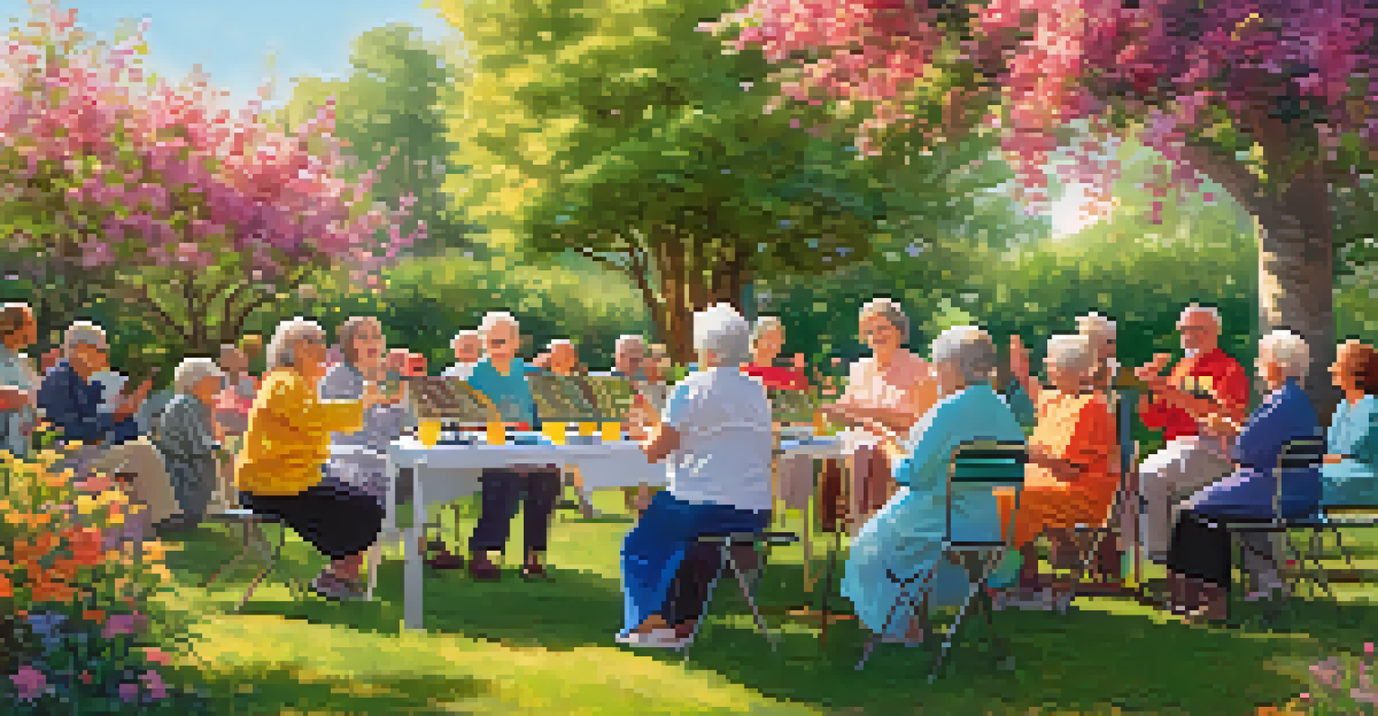 Seniors participating in an outdoor music therapy sing-along in a lush garden, filled with joy and community spirit.