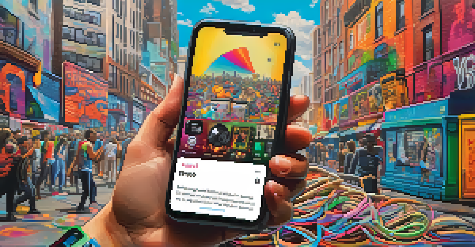 A close-up of a smartphone showing a music streaming app against an urban backdrop with graffiti and concert posters.