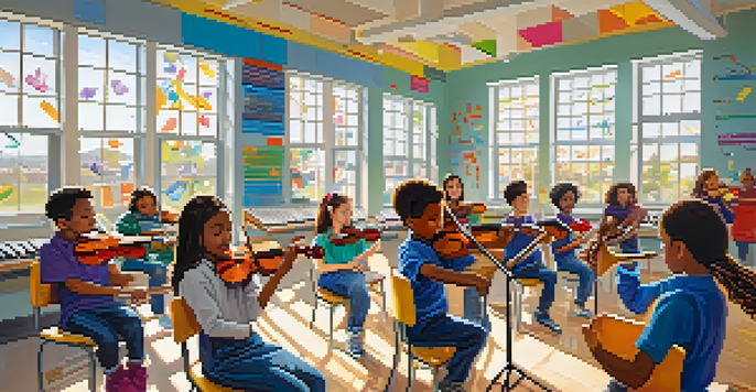A lively music classroom where students of different backgrounds play instruments like violins and drums, with colorful decorations and sunlight streaming in.