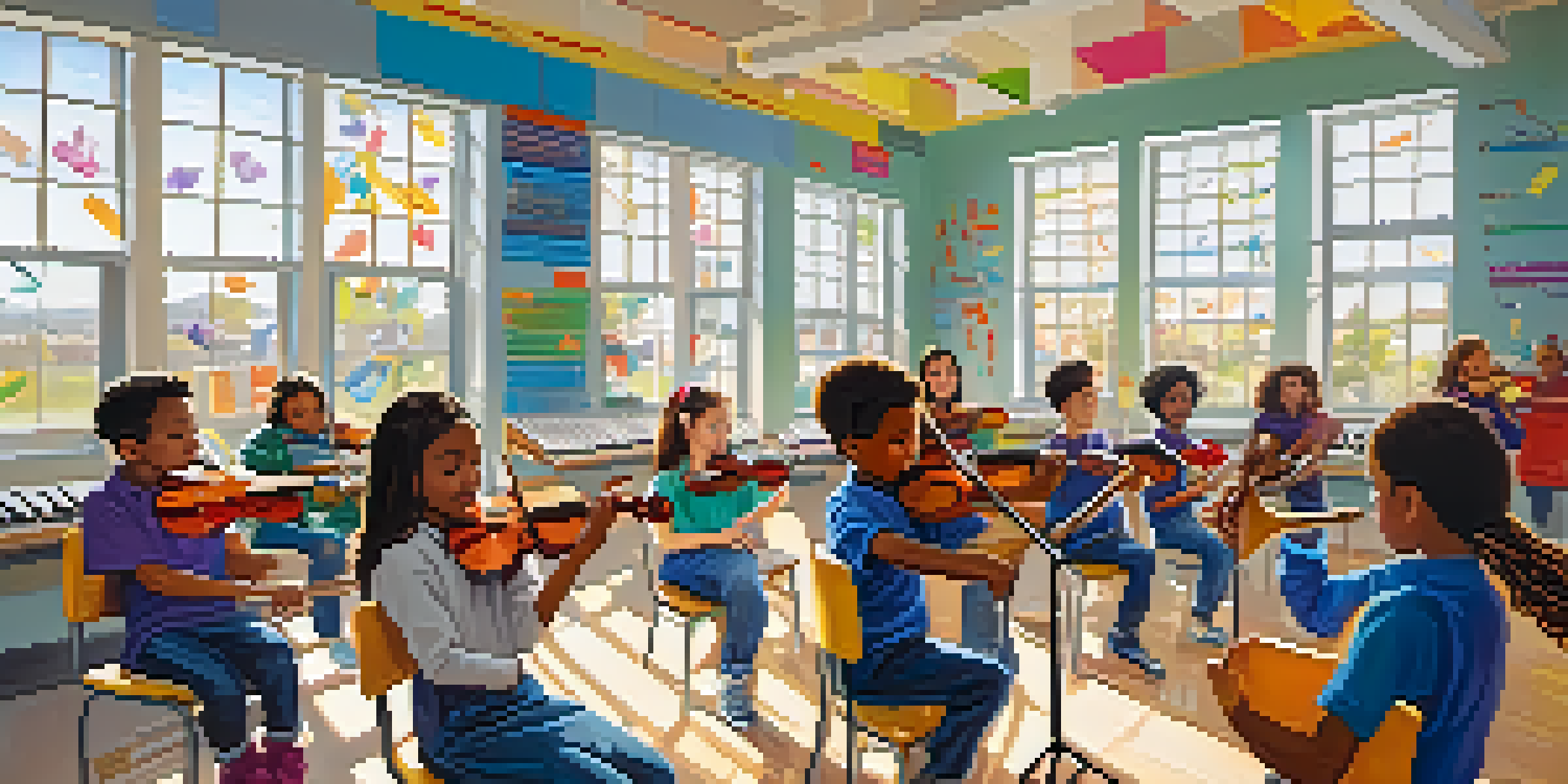 A lively music classroom where students of different backgrounds play instruments like violins and drums, with colorful decorations and sunlight streaming in.