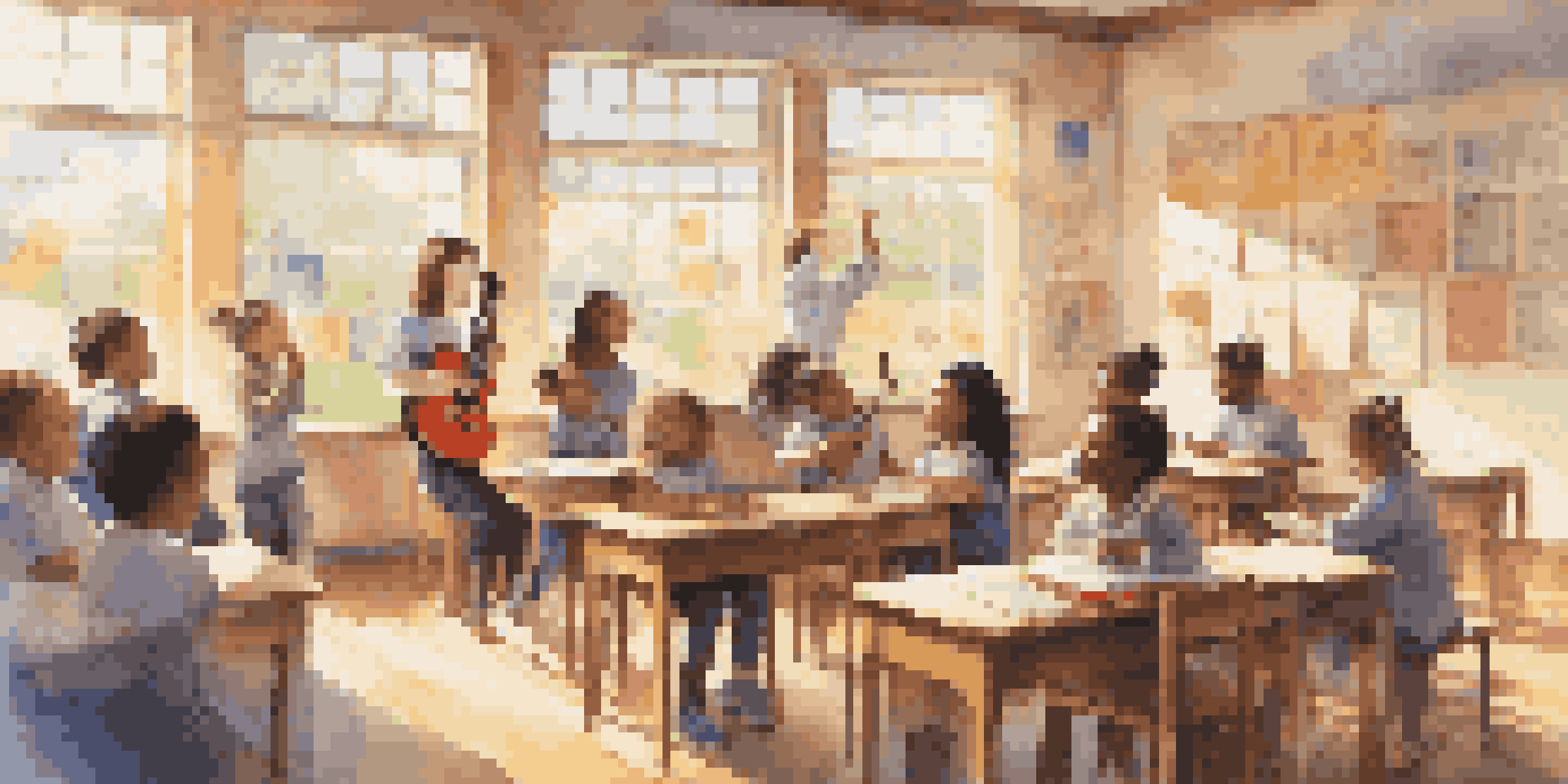 A classroom scene where students are happily learning with their teacher who is playing a guitar, surrounded by musical decorations.