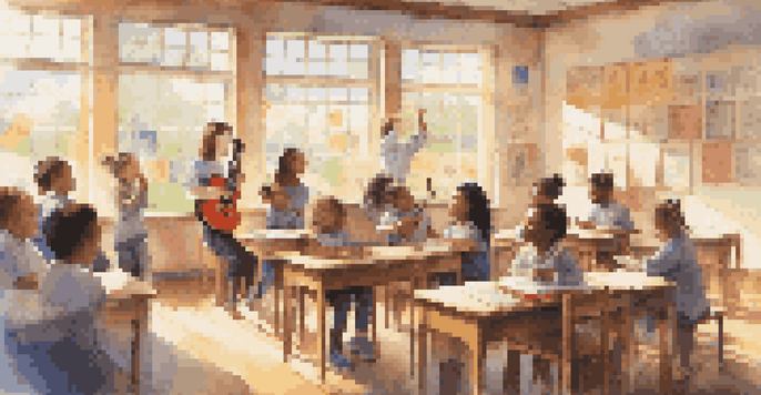 A classroom scene where students are happily learning with their teacher who is playing a guitar, surrounded by musical decorations.