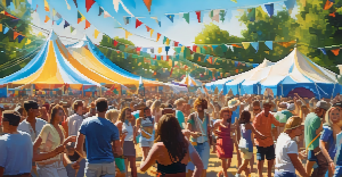 A lively summer music festival with a diverse crowd dancing and enjoying live music, surrounded by colorful tents and bright sunlight.