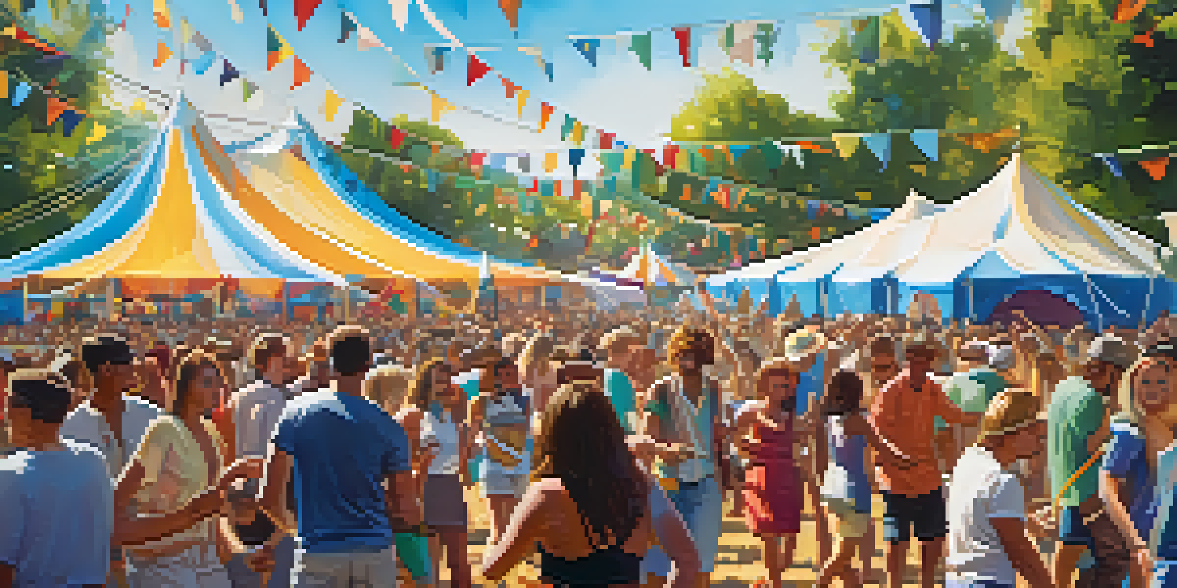 A lively summer music festival with a diverse crowd dancing and enjoying live music, surrounded by colorful tents and bright sunlight.