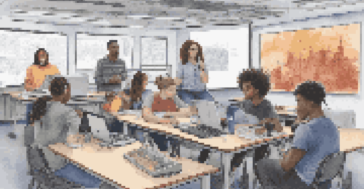 A group of students recording a podcast with microphones and laptops in a modern classroom, surrounded by educational materials about music and STEM.