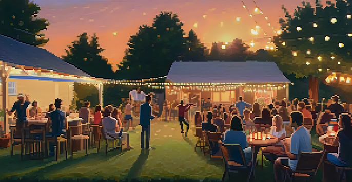 A lively backyard DIY concert with string lights and a guitarist, capturing the joy of the audience.