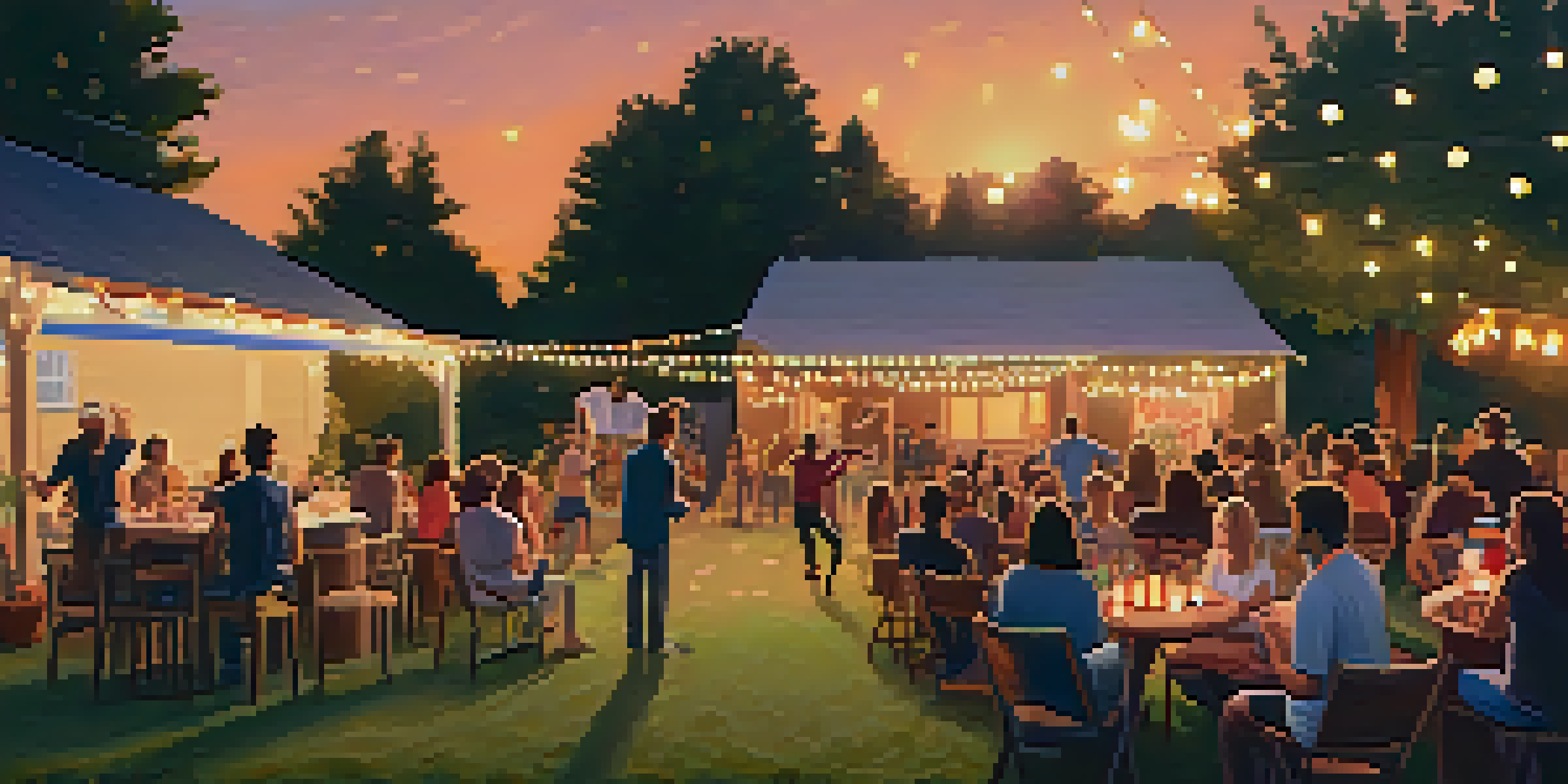 A lively backyard DIY concert with string lights and a guitarist, capturing the joy of the audience.