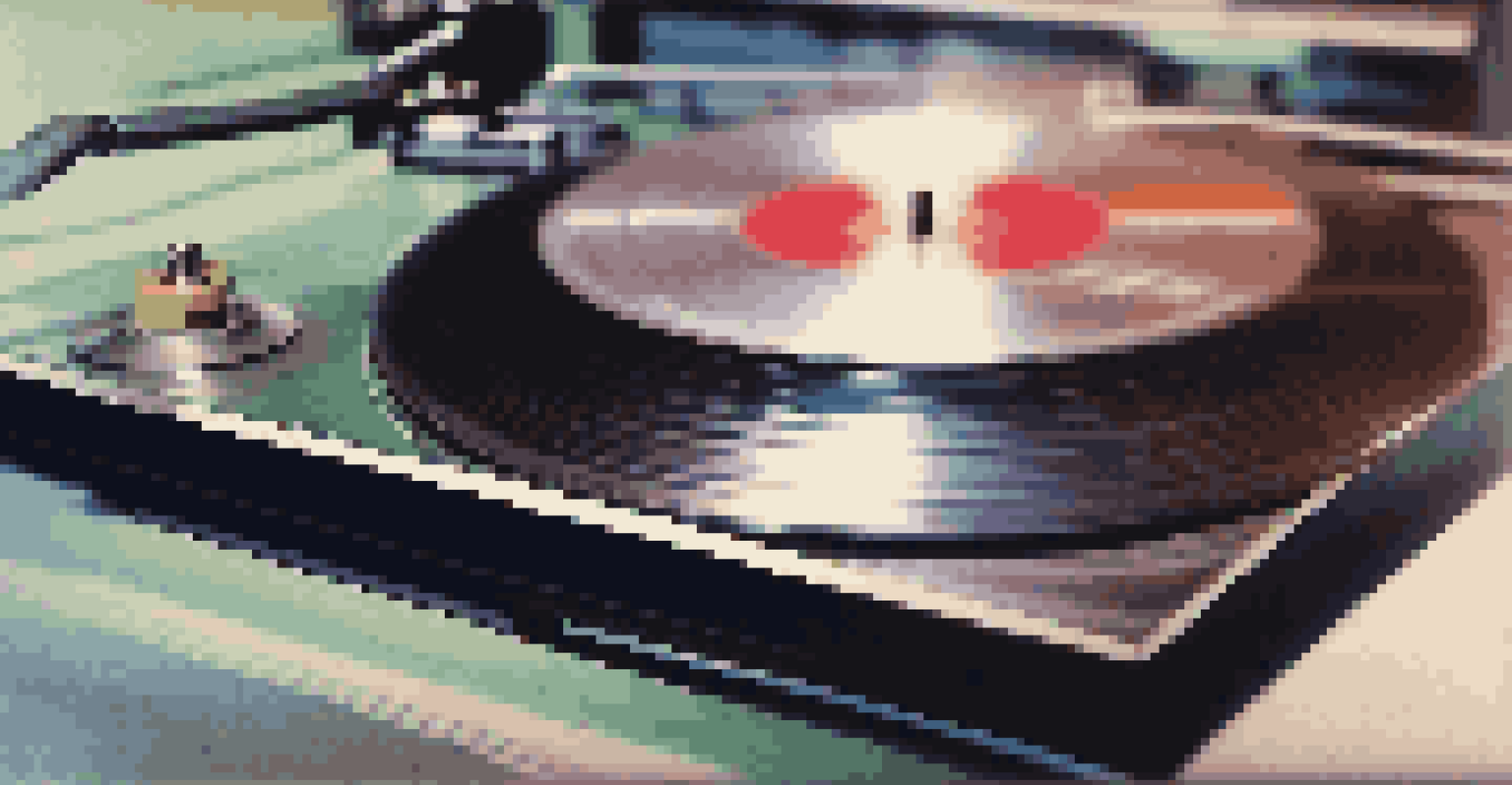 A close-up of a spinning vinyl record on a turntable, emphasizing the record label.
