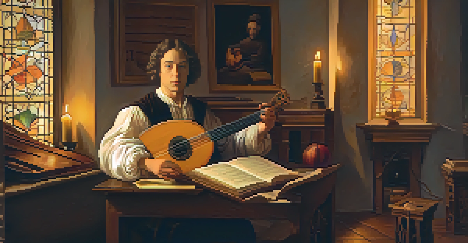 A Renaissance composer in a study with musical instruments, parchment, and candlelight, creating a warm and inviting atmosphere.