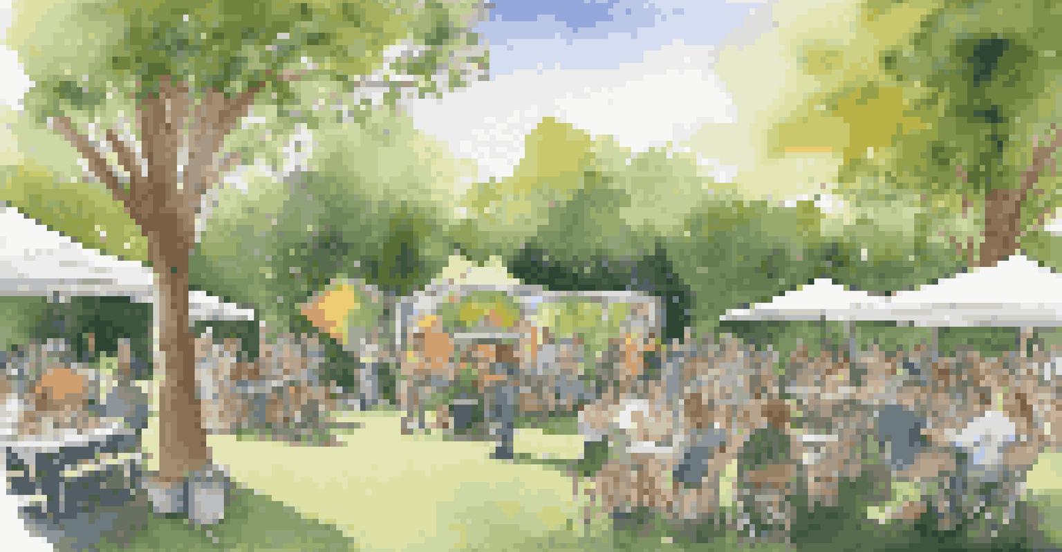 A peaceful outdoor event featuring artists using recycled materials and musicians performing, set in a green park promoting sustainability.