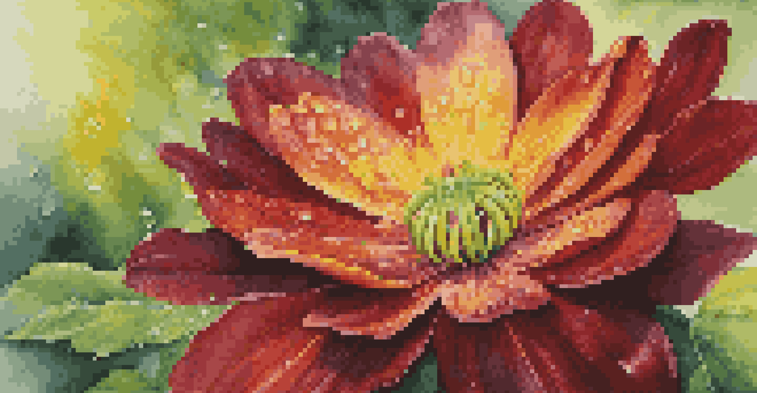 A close-up of a bright flower with red and yellow petals, surrounded by green leaves and glistening dewdrops.
