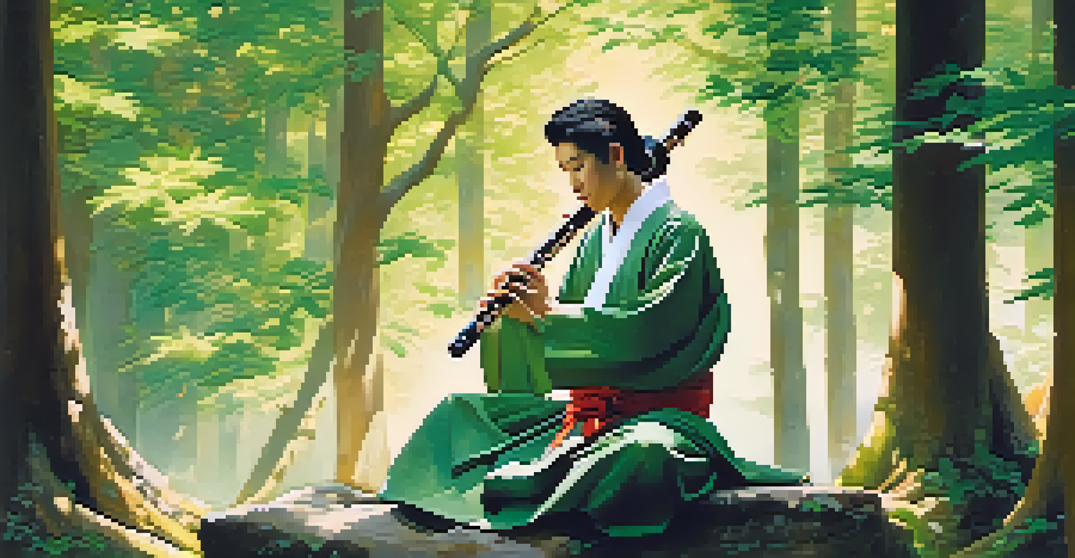 A musician in traditional attire playing a Shakuhachi flute in a tranquil forest, with sunlight filtering through the trees.