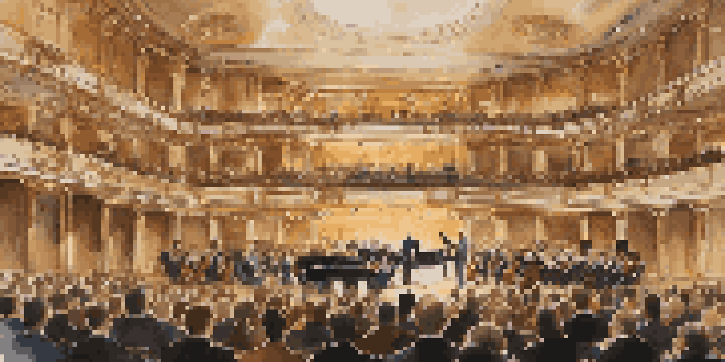 A vintage concert hall with an audience and an orchestra performing classical music on stage.