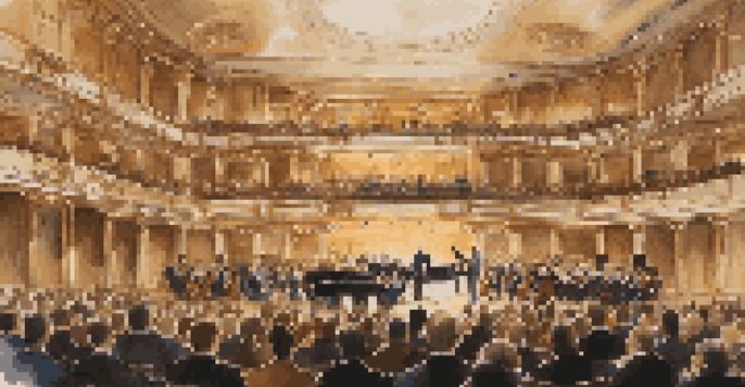 A vintage concert hall with an audience and an orchestra performing classical music on stage.