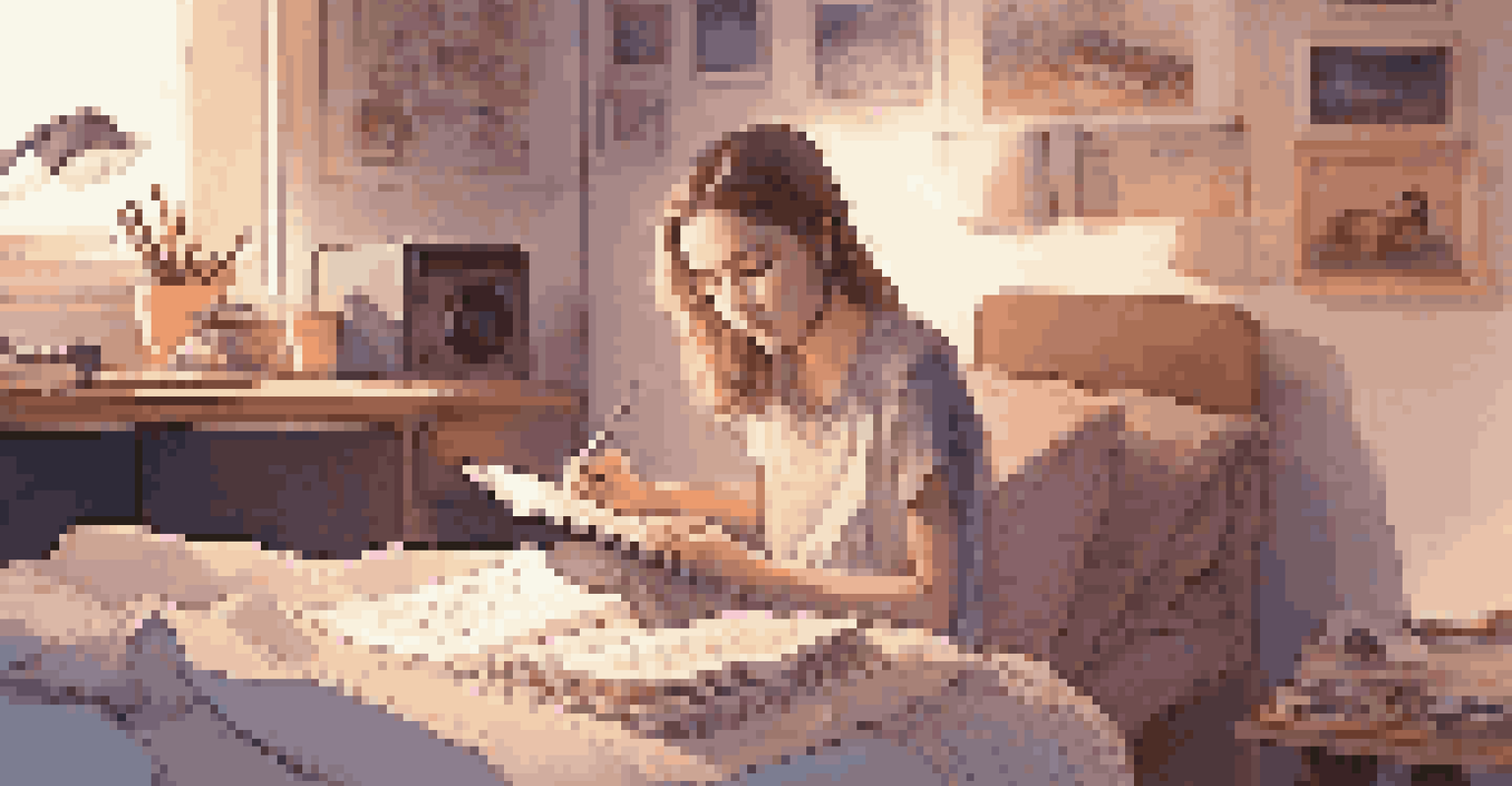 A teenage girl writing lyrics in a notebook on her bed, surrounded by musical instruments and soft lighting.