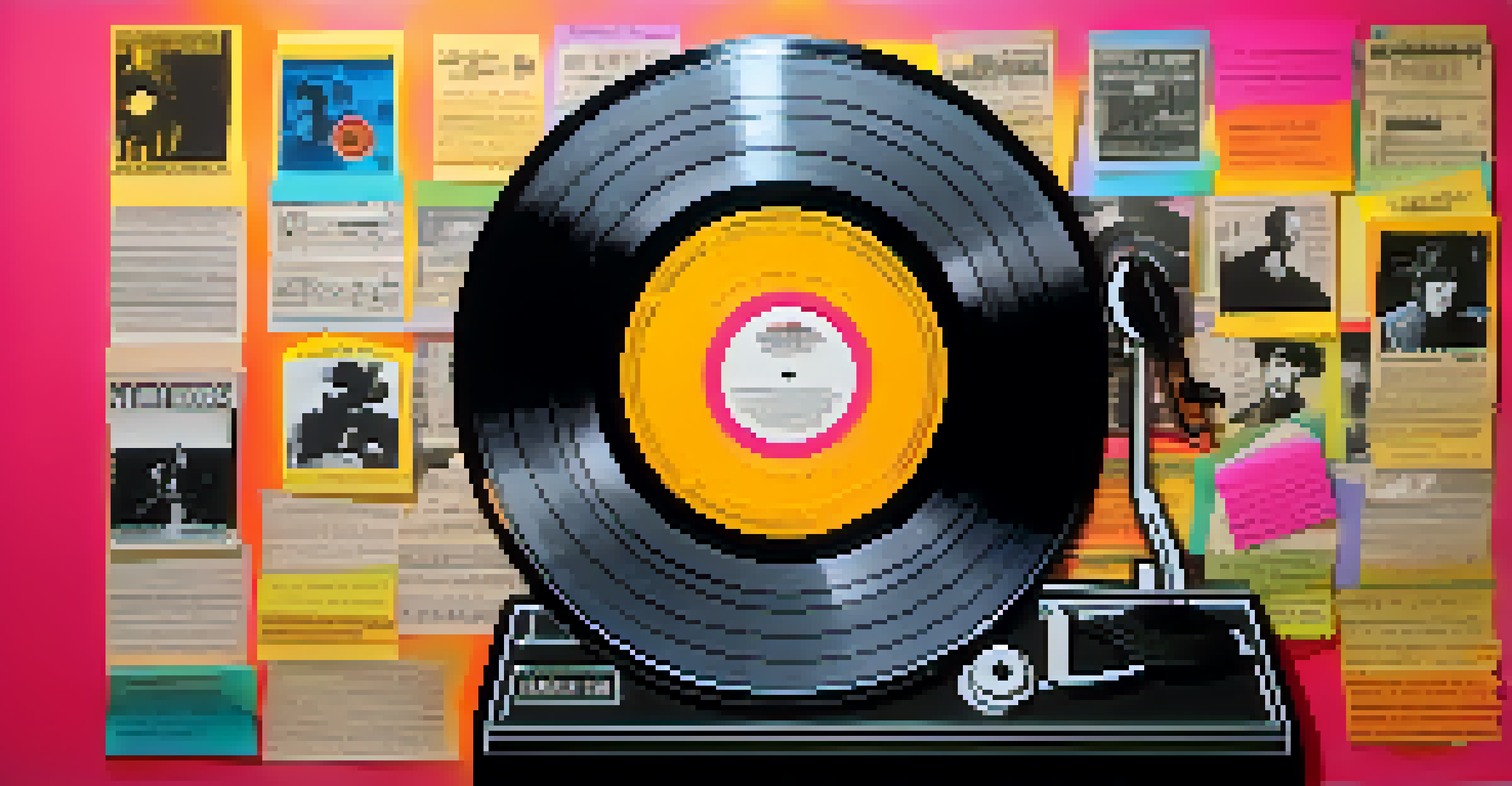 A vinyl record on a turntable surrounded by sticky notes with protest song lyrics, set in a warm, vintage atmosphere.