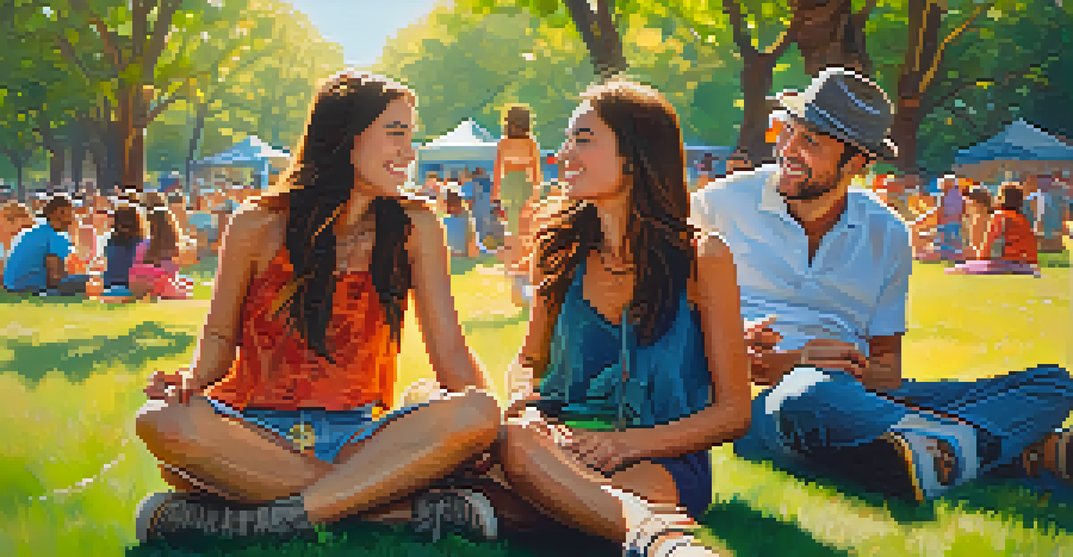 A close-up of festival attendees sitting on the grass, sharing laughs and stories under sunlight with colorful decorations around them.