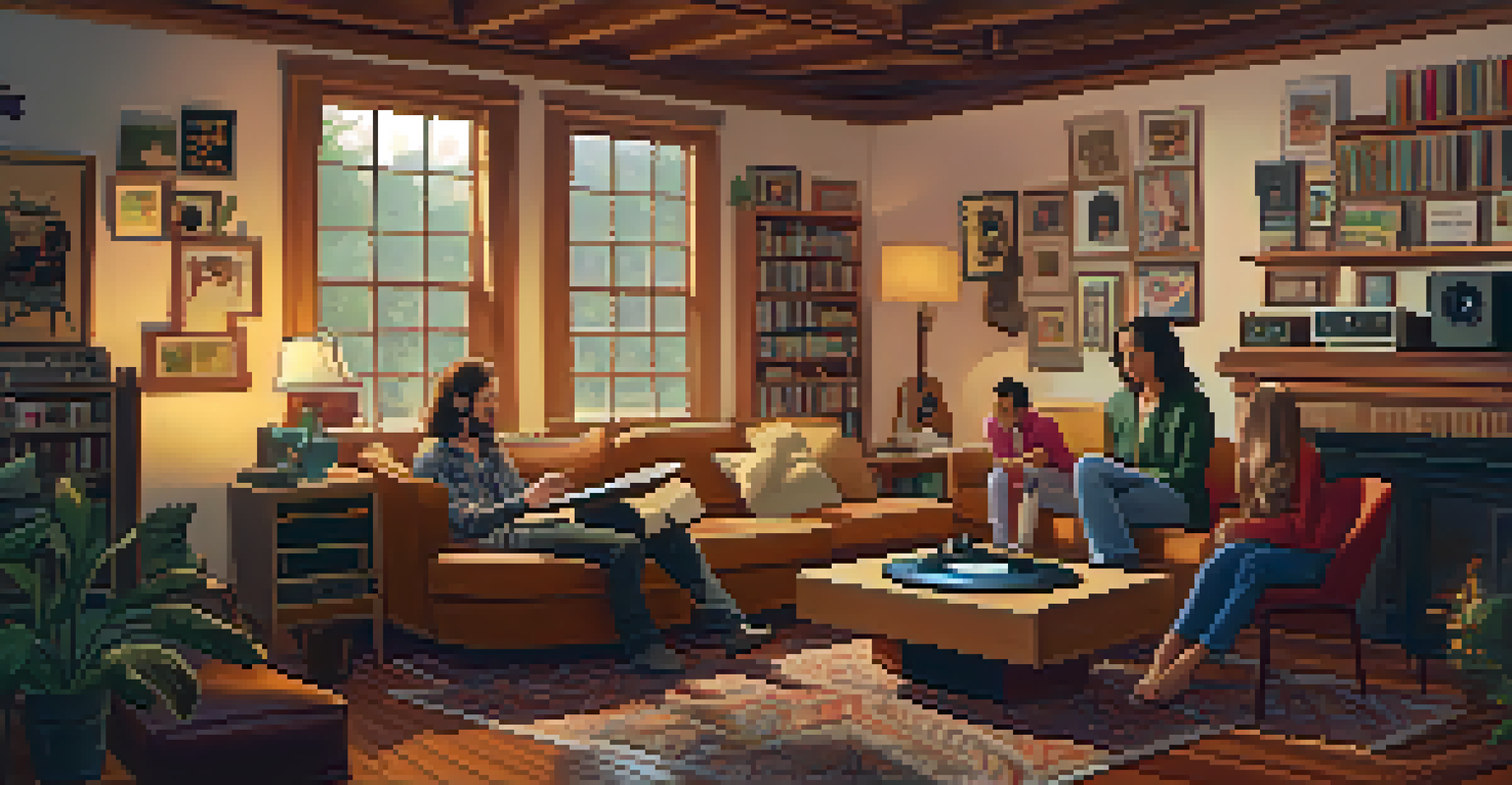 A cozy living room with friends gathered around a record player, sharing stories and enjoying vinyl records in a warmly lit space.