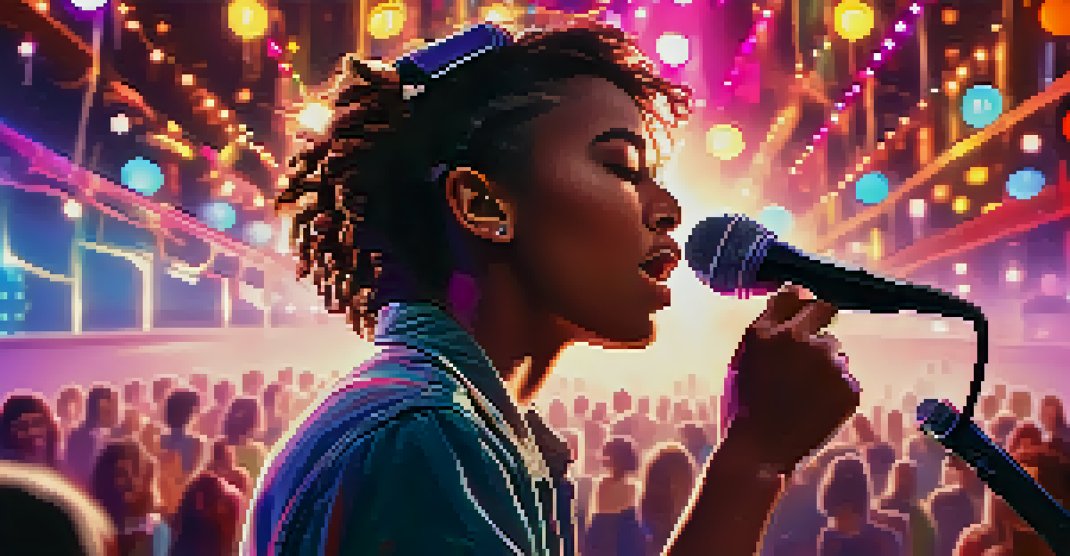 A young artist performing on stage with a microphone, surrounded by an engaged audience, with colorful stage lights illuminating the scene.