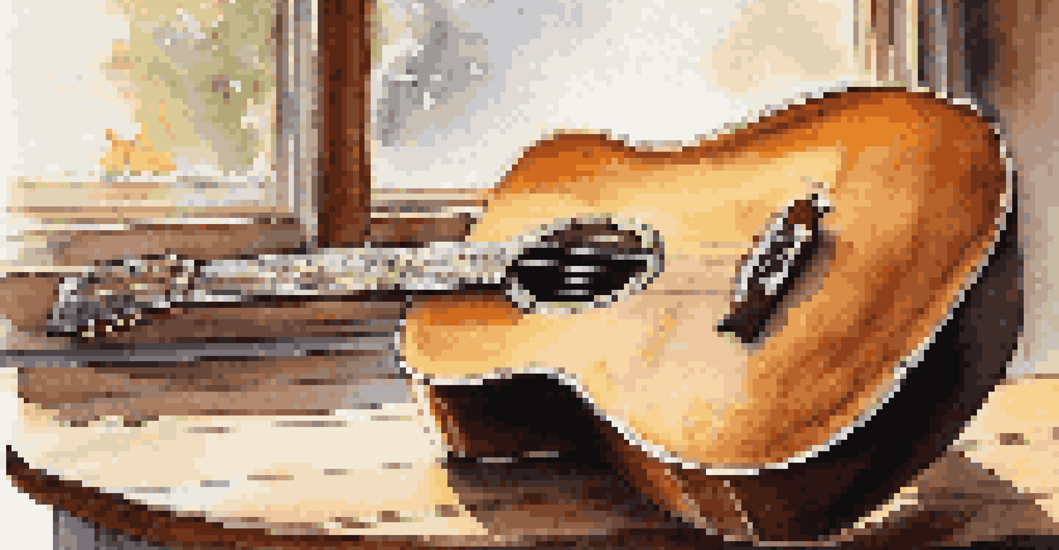 A close-up of a vintage acoustic guitar on a wooden table with soft light and sheet music.