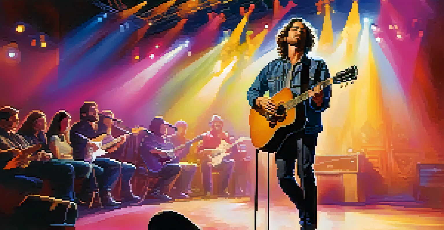 A passionate songwriter performing on stage with a guitar, surrounded by an engaged audience and colorful lights.