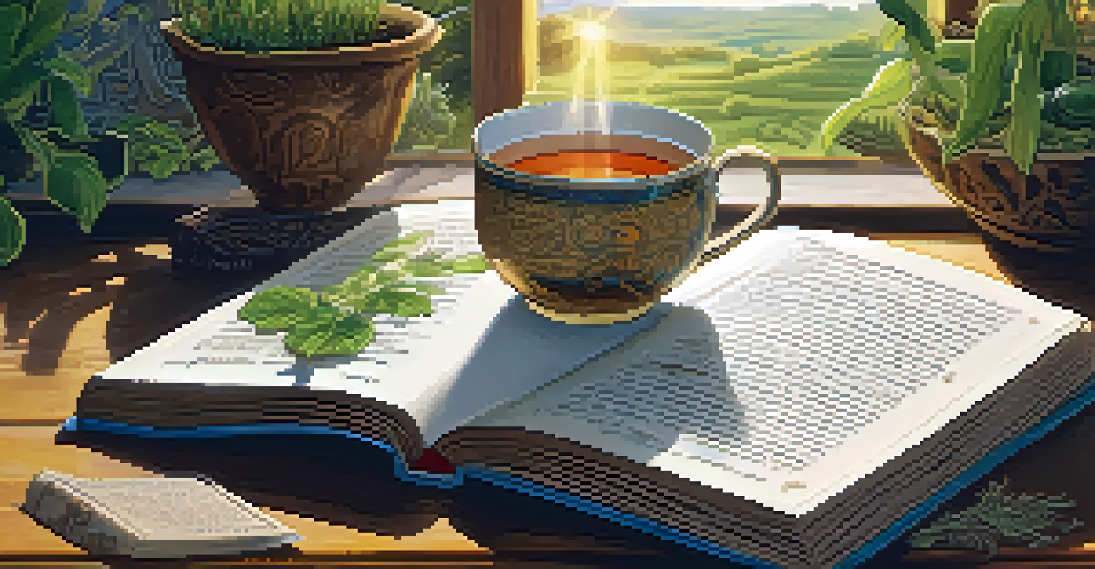 An open folk tale book with colorful illustrations on a wooden table, next to a cup of herbal tea and a small plant.