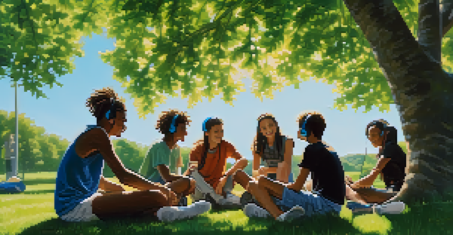 Teenagers sitting in a circle outdoors, sharing headphones and enjoying music together.