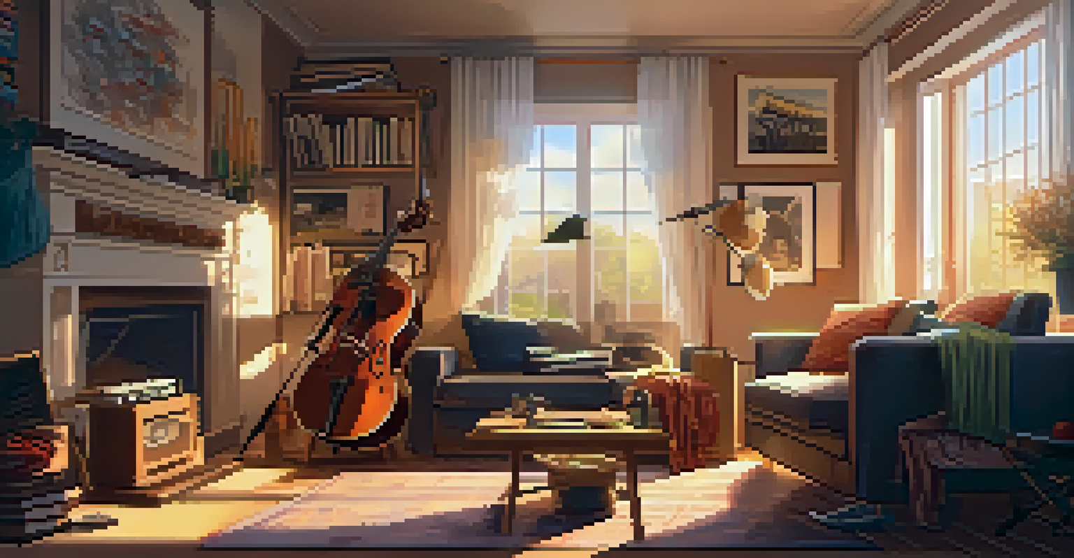 A musician in a cozy living room, surrounded by musical notes and instruments, with sunlight streaming through the window.