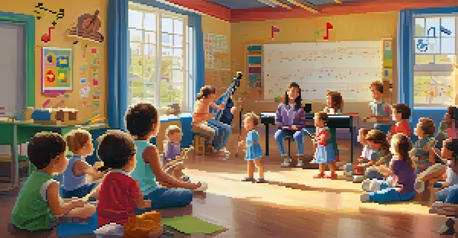 A classroom with children and a teacher engaged in a joyful music activity, surrounded by colorful decorations.