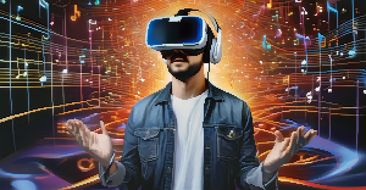 An artist in a modern virtual reality studio, wearing a VR headset, surrounded by floating musical notes and digital effects.