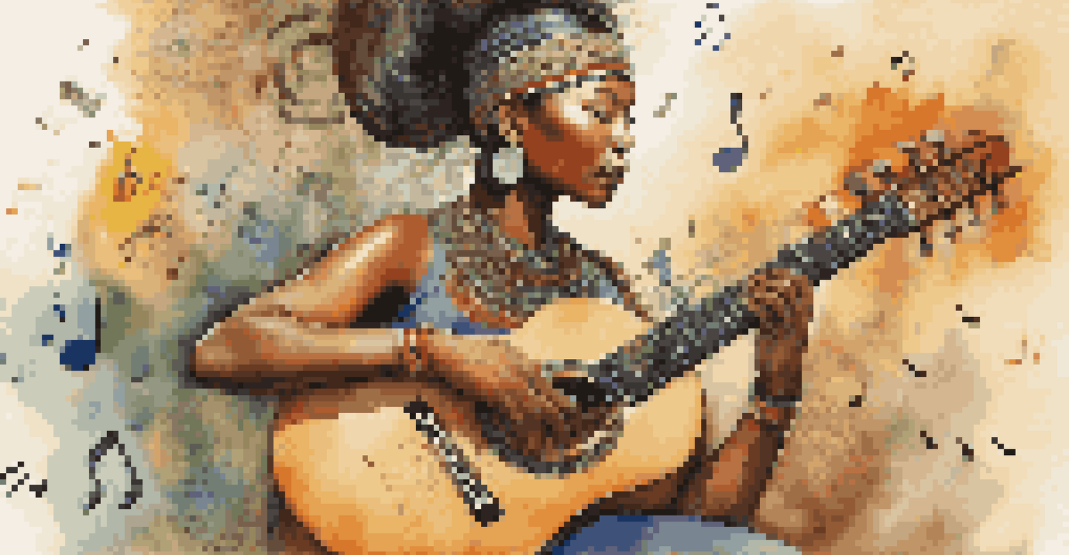 A female musician surrounded by various cultural instruments, symbolizing musical fusion and collaboration.