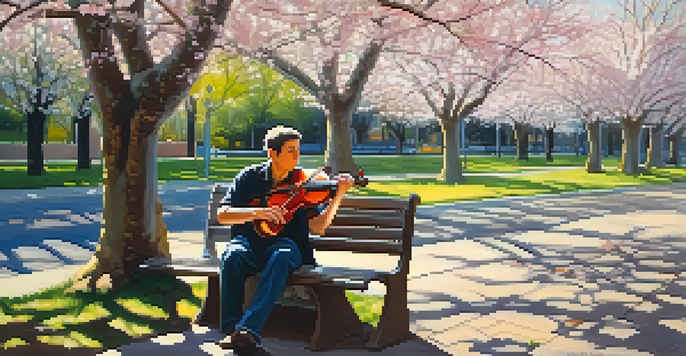 A musician with a violin sits on a park bench under cherry blossom trees, looking calm and focused in the soft sunlight.