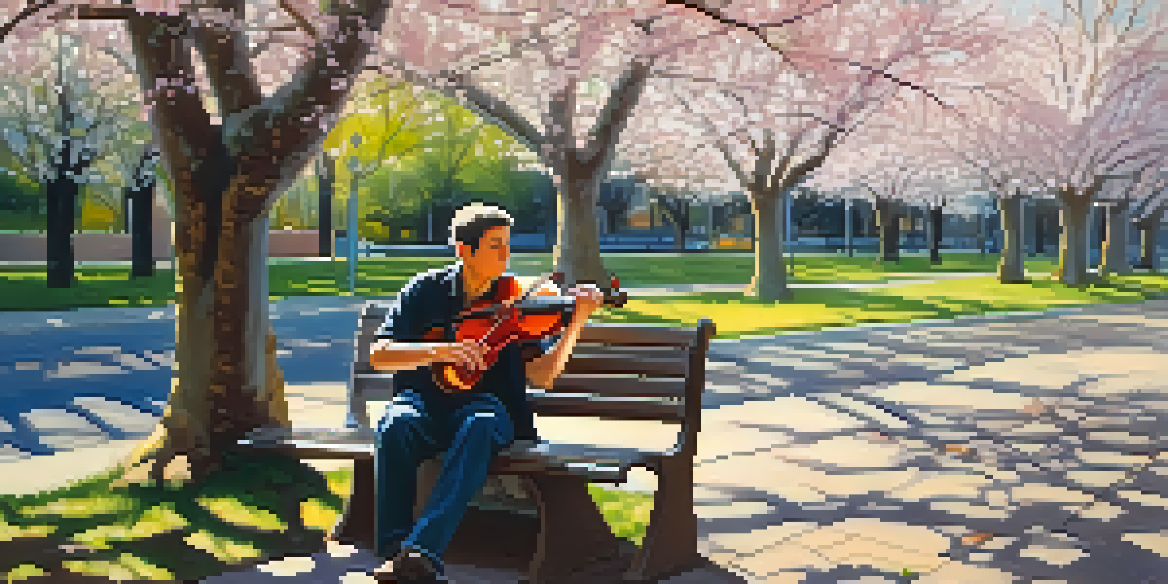 A musician with a violin sits on a park bench under cherry blossom trees, looking calm and focused in the soft sunlight.