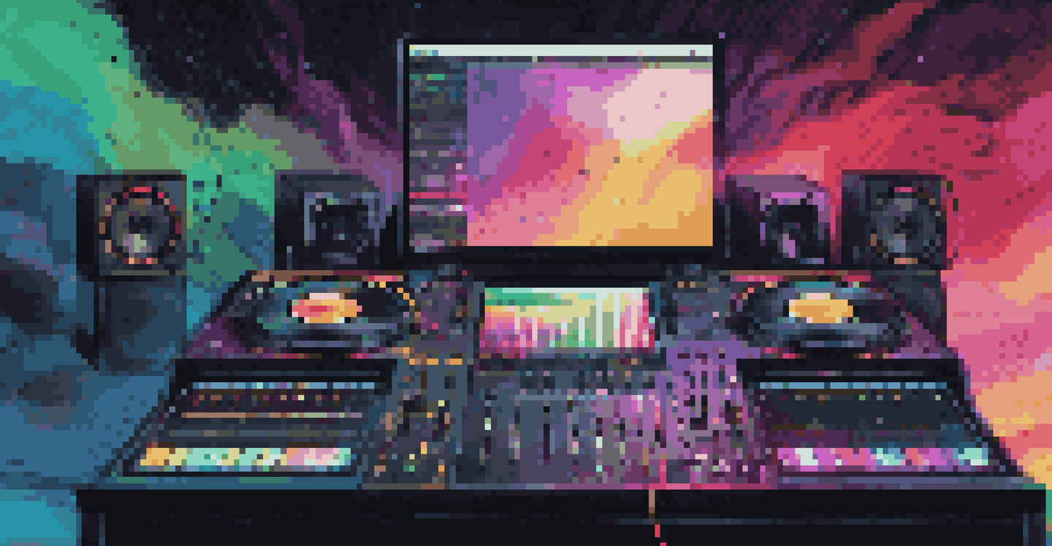 A DJ working on a digital audio workstation with colorful sound waves on the screen.