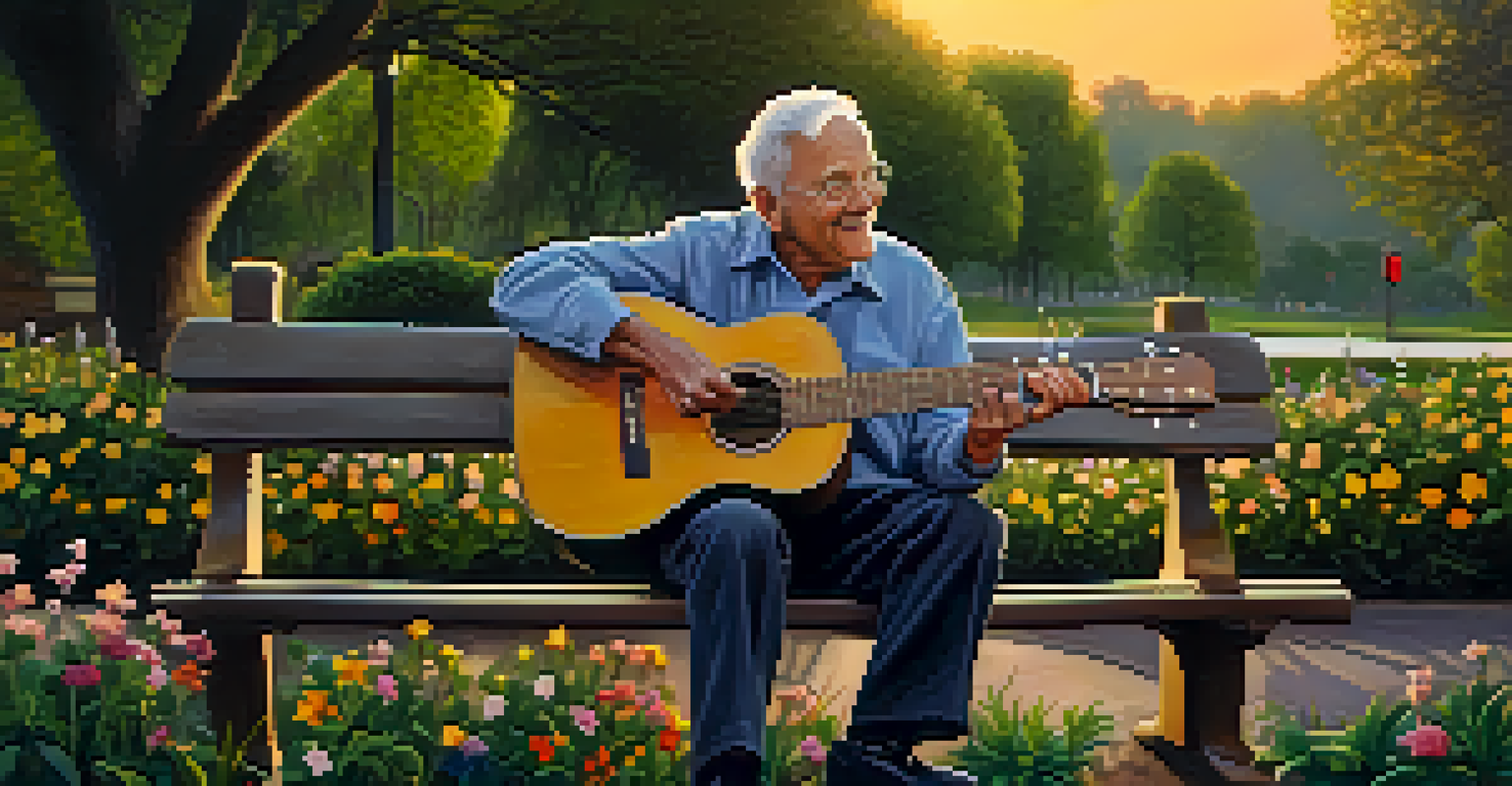 An elderly man playing guitar on a park bench surrounded by flowers and greenery during sunset, looking content.