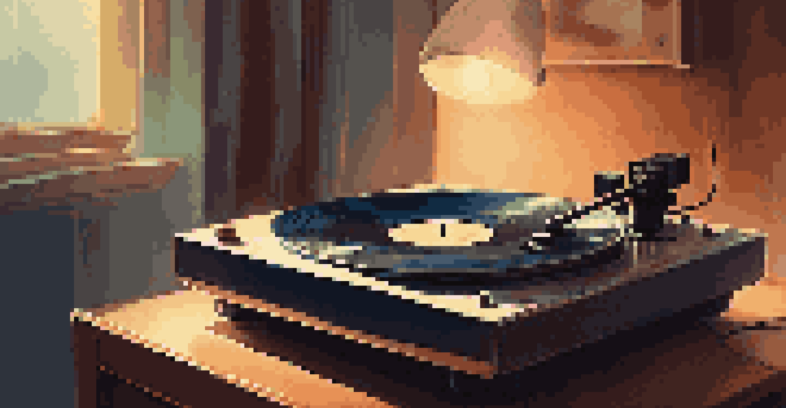 A close-up of a vinyl record on a turntable in a cozy room with musical posters.